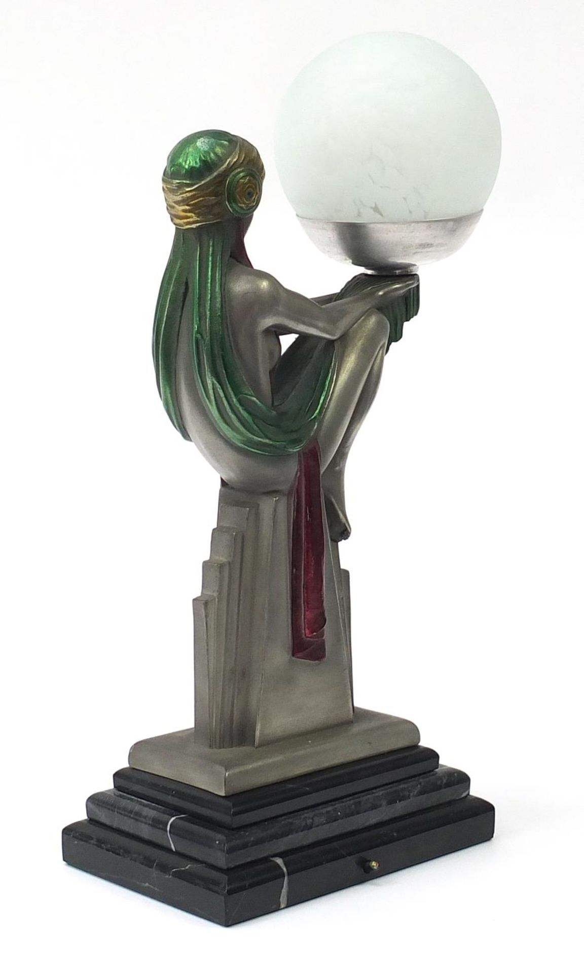 Art Deco design desk lamp in the form of a scantily dressed female with globular glass shade, raised - Image 3 of 3