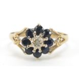 9ct gold sapphire and diamond cluster ring, size L/M, 1.4g :For Further Condition Reports Please