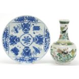 Chinese blue and white porcelain plate and a bottle vase hand painted in the famille verte palette