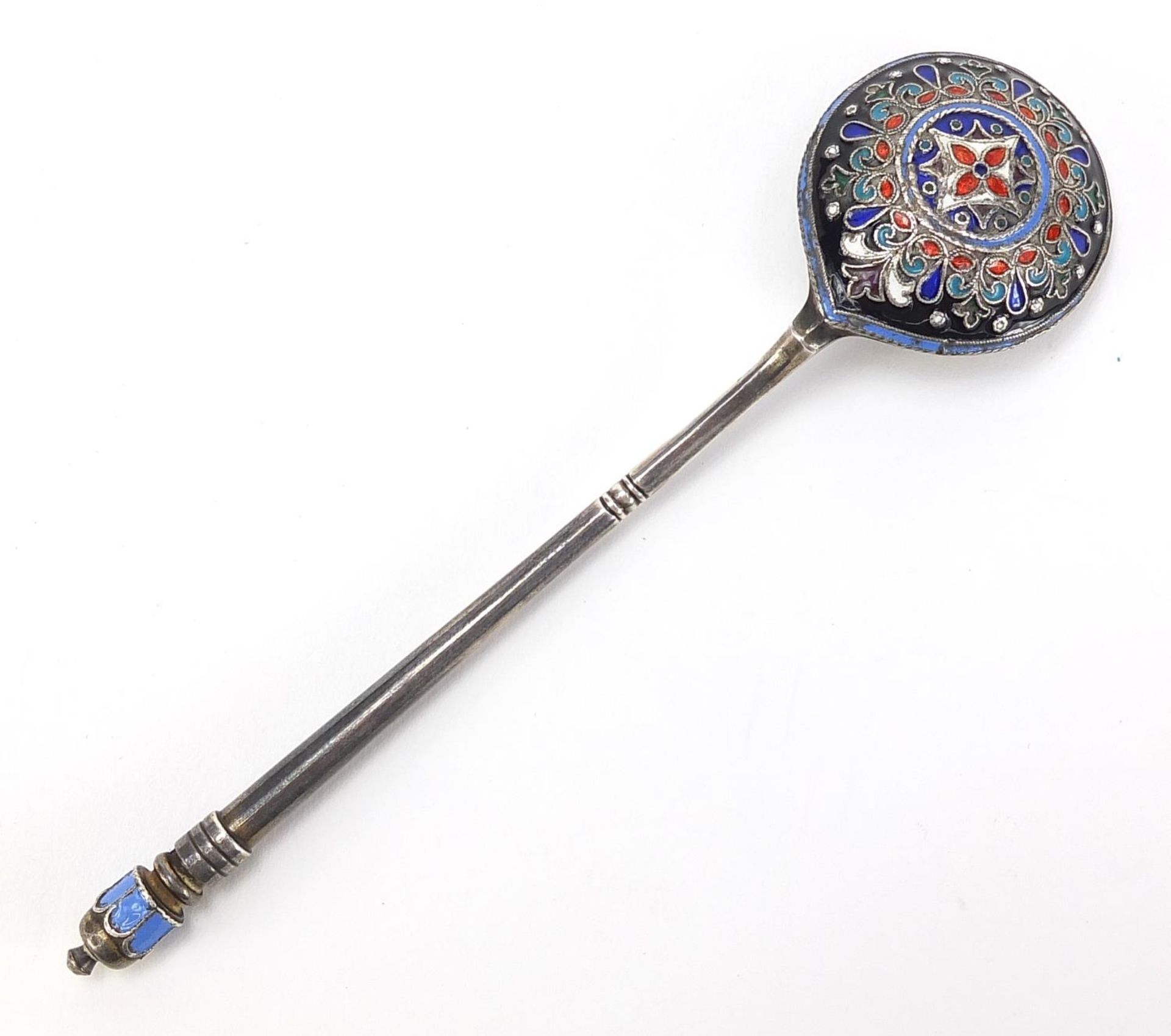 Silver and champlevé enamel spoon, impressed Russian marks, 13cm in length, 29.2g :For Further - Image 2 of 4