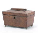 Victorian mahogany sarcophagus shaped tea caddy with twin division lidded interior and key, 13cm H x