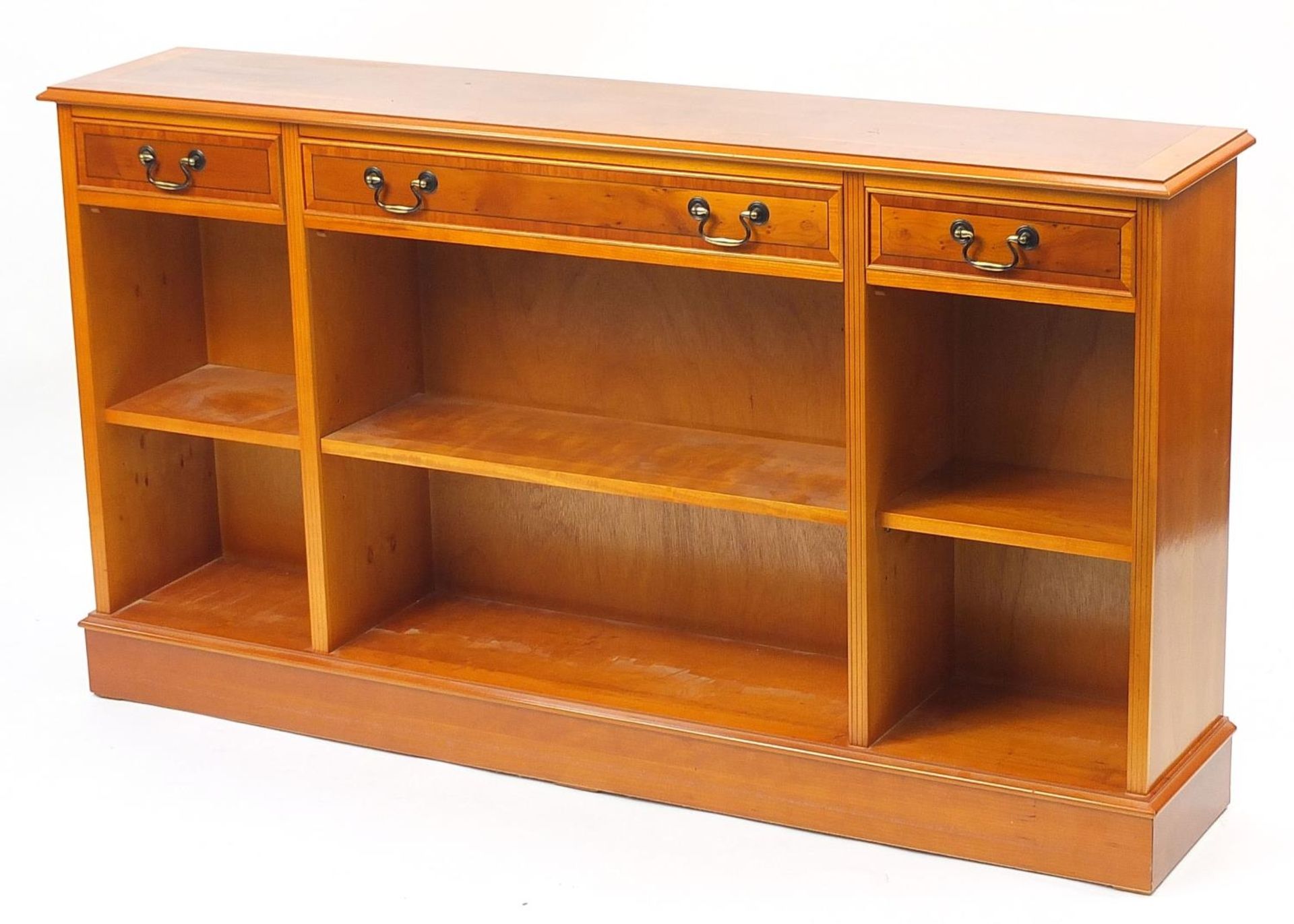 Inlaid yew open bookcase fitted with three drawers above three adjustable shelves, 84.5cm H x