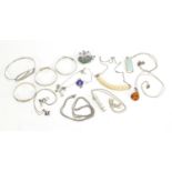 Silver jewellery including six pendants on chains, marcasite and enamel clipper ship brooch and