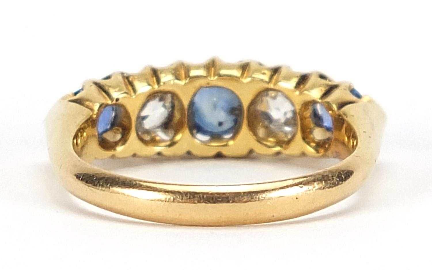 Victorian 18ct gold sapphire and diamond five stone ring, the central sapphire approximately 4.8mm x - Image 3 of 6