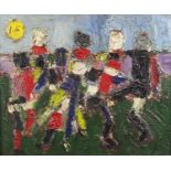Les Grands Footballeurs, Four footballers, French school impasto oil on canvas, details verso,