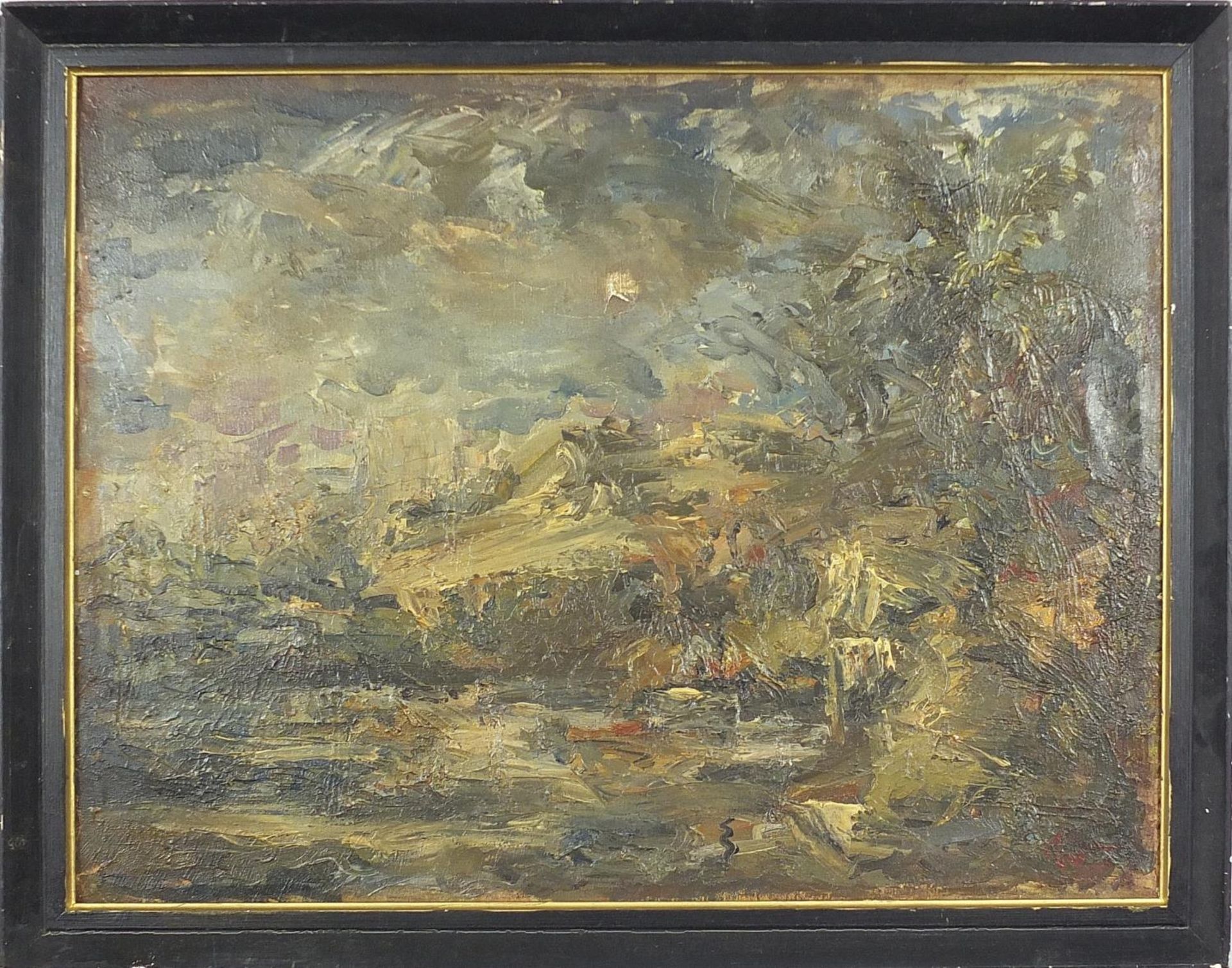 Abstract composition, landscape, Welsh school oil on canvas, framed, 49.5cm x 38cm excluding the - Image 2 of 5