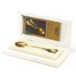 Robbe & Berking, German silver gilt and enamel 2002 Spoon of the Year with box, 13.5cm in length,