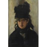 Head and shoulders portrait of a lady wearing a hat, French school oil on board, mounted, framed and