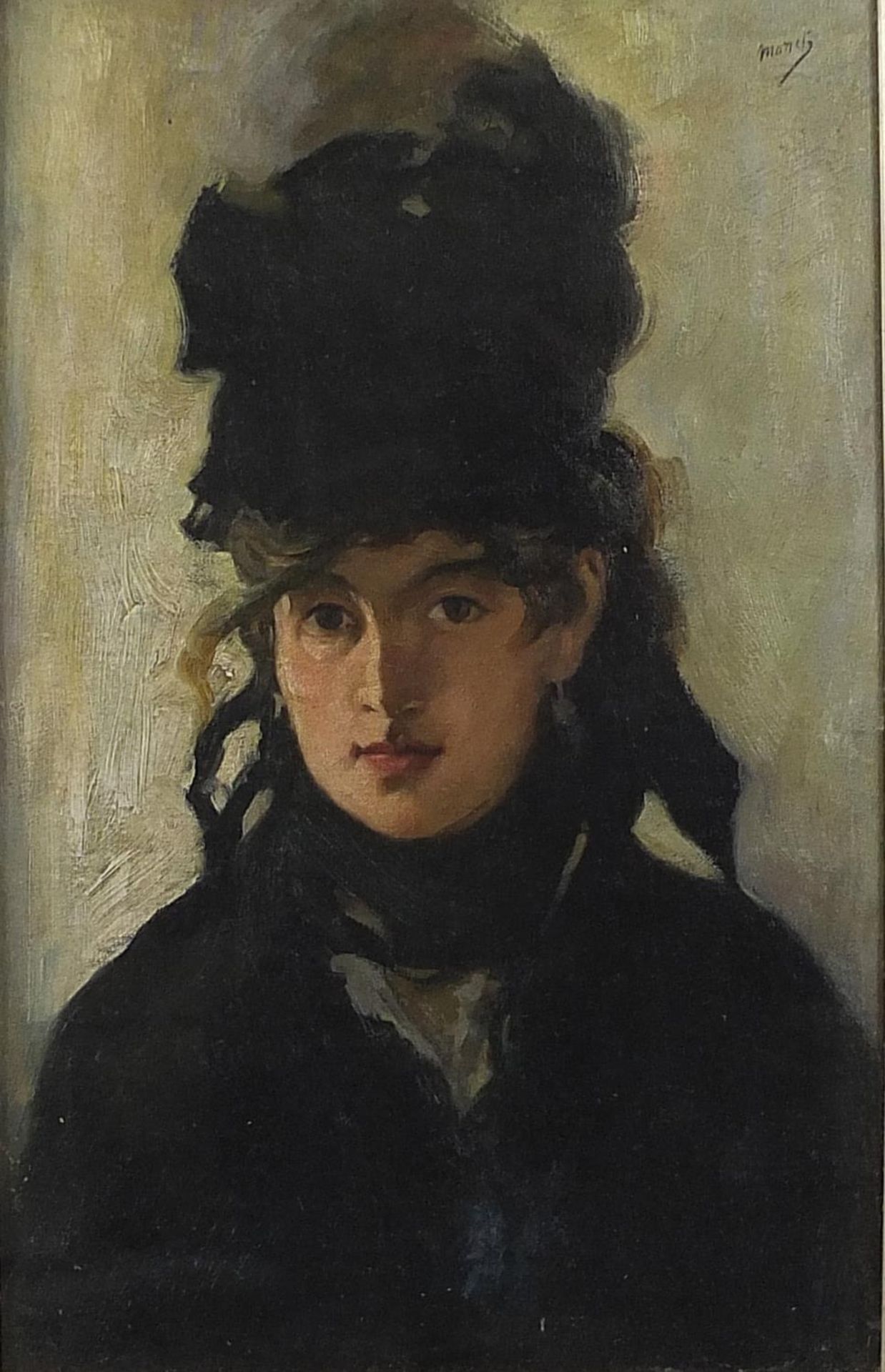 Head and shoulders portrait of a lady wearing a hat, French school oil on board, mounted, framed and