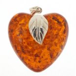 Silver and amber design naturalistic love heart pendant, 4.5cm high, 17.0g :For Further Condition