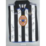 Signed Newcastle United Football club jersey season 1999/00, mounted, framed and glazed, overall