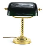 Brass banker's lamp with green glass shade, 32cm high :For Further Condition Reports Please Visit