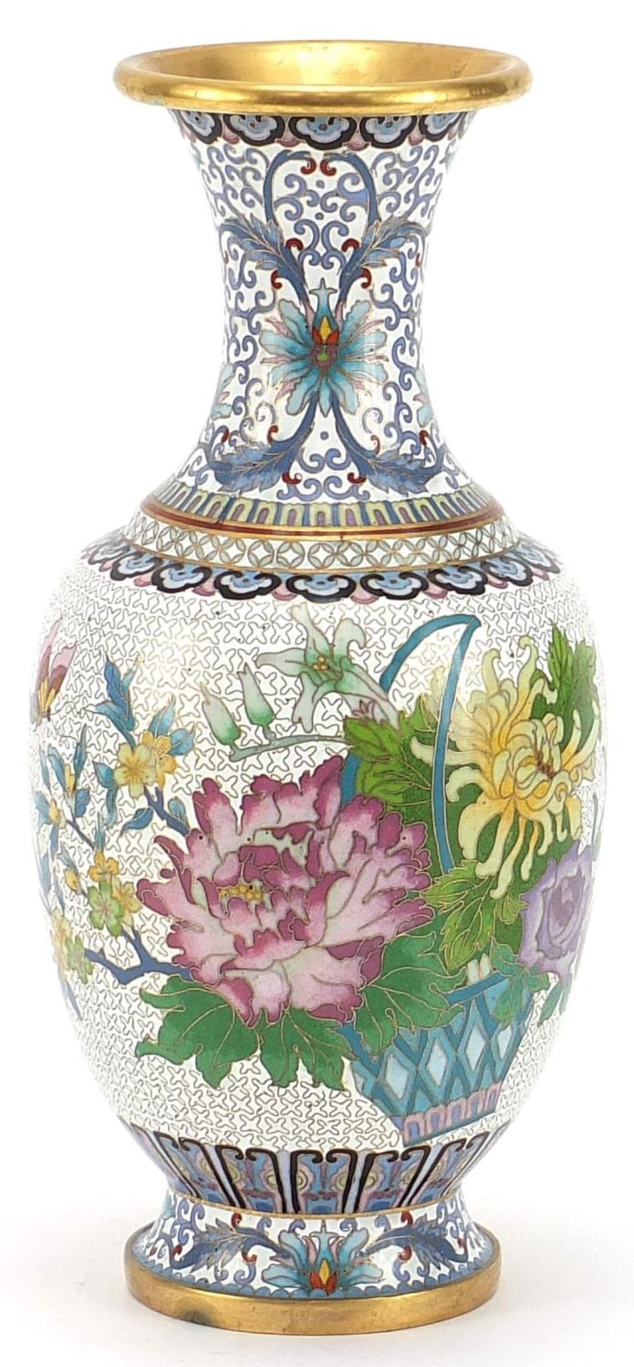 Chinese cloisonné baluster vase enamelled with a butterfly amongst flowers, 31cm high :For Further