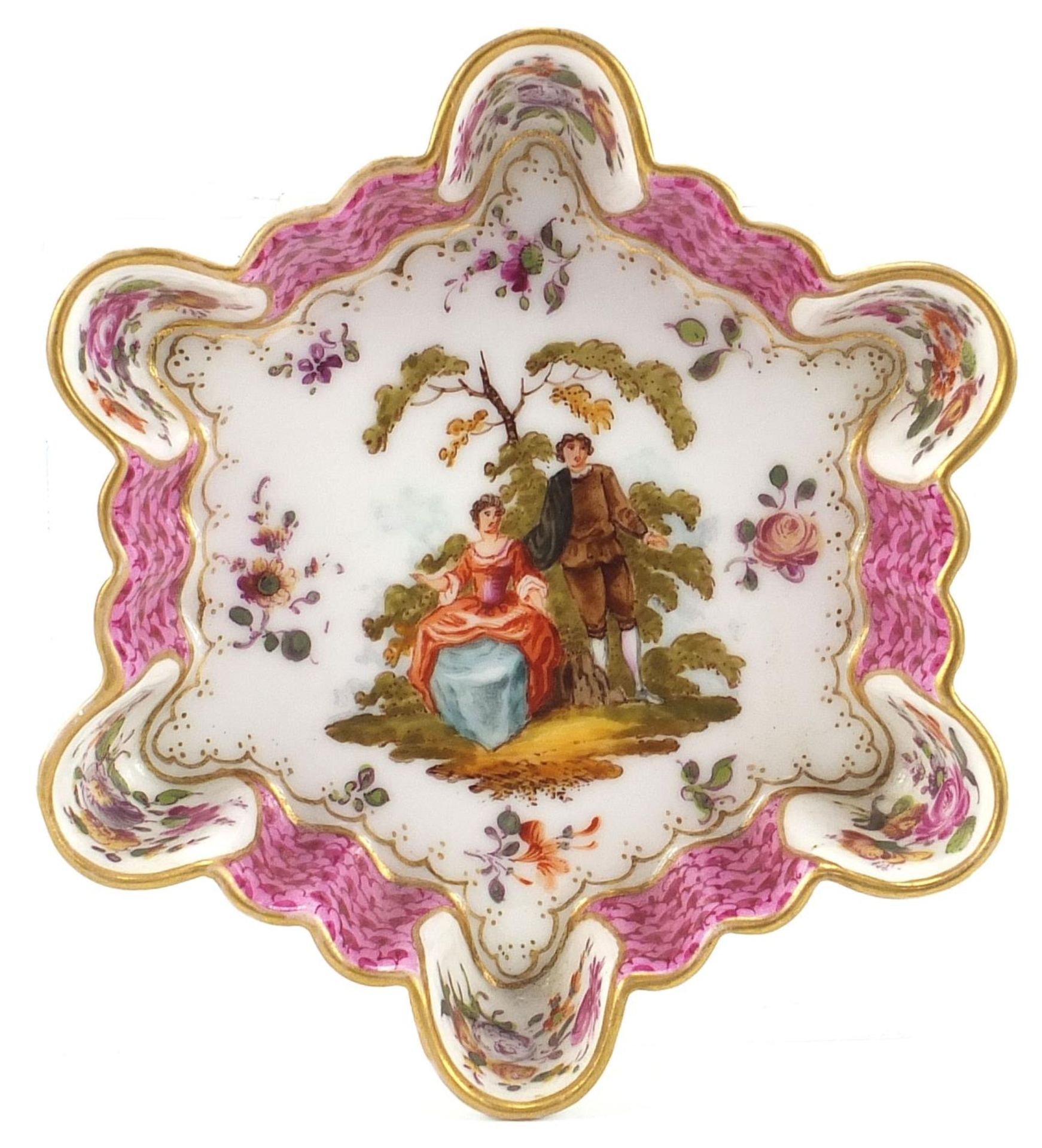 Dresden, German porcelain flower head dish hand painted with two figures and flowers, 12cm in