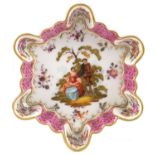 Dresden, German porcelain flower head dish hand painted with two figures and flowers, 12cm in