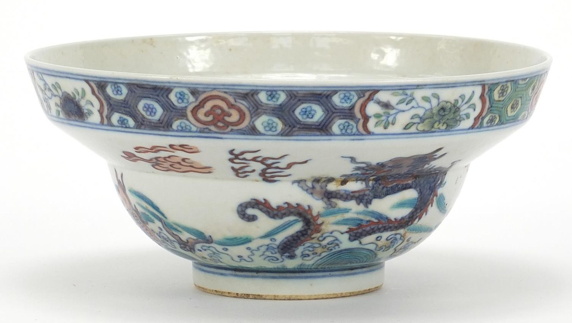 Chinese doucai porcelain bowl hand painted with dragons and fish amongst aquatic life, six figure - Image 4 of 8