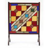 Arts & Crafts style leaded stained glass fire screen with inlaid mahogany frame, 72.5cm high x