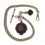 Graduated silver watch chain with T bar, silver and enamel sports jewel and blood stone and