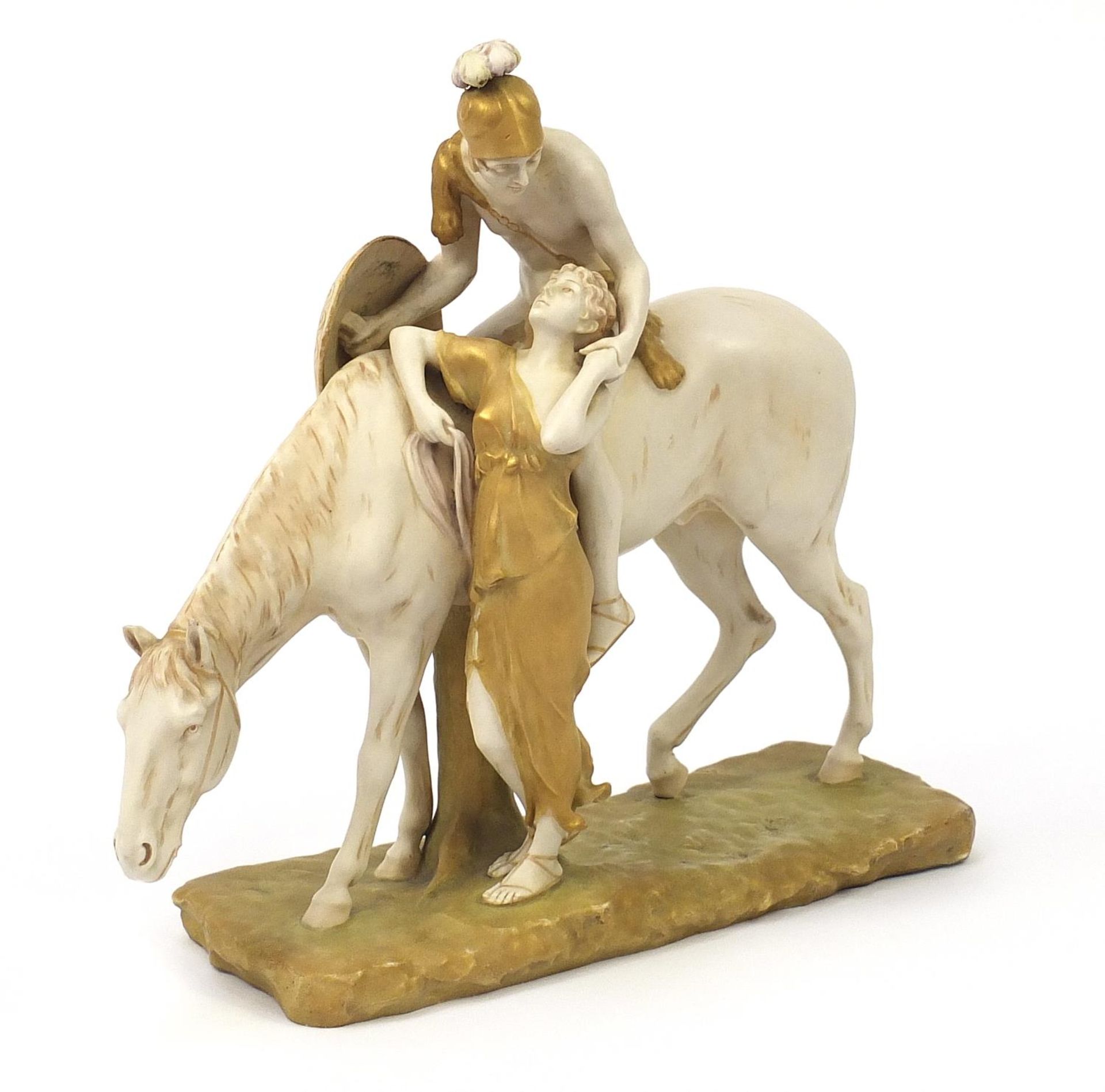 Royal Vienna, large Austrian figure group of a figure on horseback with lover, numbered 1234 to