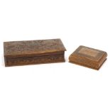 Two Indian hardwood boxes including one finely carved with two birds amongst flowers, the largest