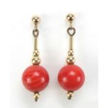 Pair of 9ct gold red coral drop earrings, 2.5cm high, 2.3g :For Further Condition Reports Please