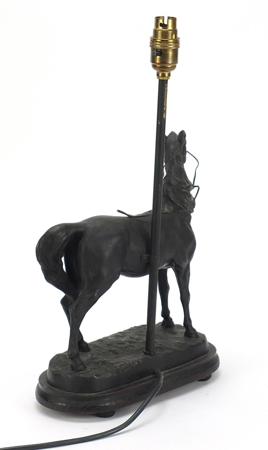 Patinated spelter horse design table lamp with ebonised base, 42cm high :For Further Condition - Image 3 of 5