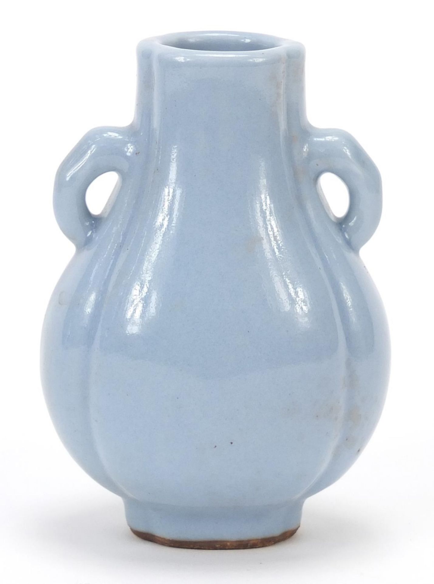 Chinese porcelain quatrefoil vase with ears having a clair de lune type glaze, 10cm high :For - Image 3 of 7