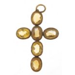 Antique gold coloured metal citrine cross pendant, 5cm high, 5.7g :For Further Condition Reports