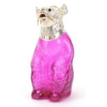 Silver plated and cranberry coloured glass claret jug in the form of a seated bear, 22.5cm high :For