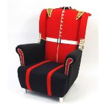 Military interest gentleman's armchair upholstered in a Grenadier Guards uniform, 103cm H x 82cm W x