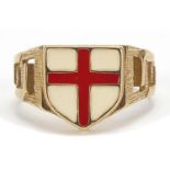 9ct gold and enamel St George cross ring, size T, 5.2g :For Further Condition Reports Please Visit