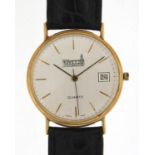 Marvin, gentlemen's 9ct gold quartz wristwatch with date aperture and box, 34mm in diameter :For