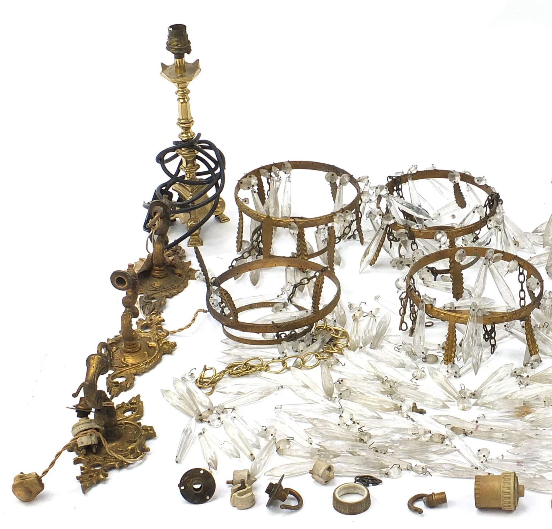 Collection of gilt metal bag chandeliers and fittings with cut glass drops and a pair of Pullman - Image 2 of 3