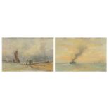 Boats on water and beach scene, pair of oil on boards, each bearing an indistinct signature,