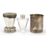 19th century silver plated and cut glass travelling brandy warmer, 11cm high :For Further