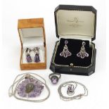 Silver and amethyst jewellery including a pair of earrings housed in a Michael Rose box and a