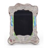 Art Nouveau design sterling silver and enamel easel photo frame embossed with a butterfly and