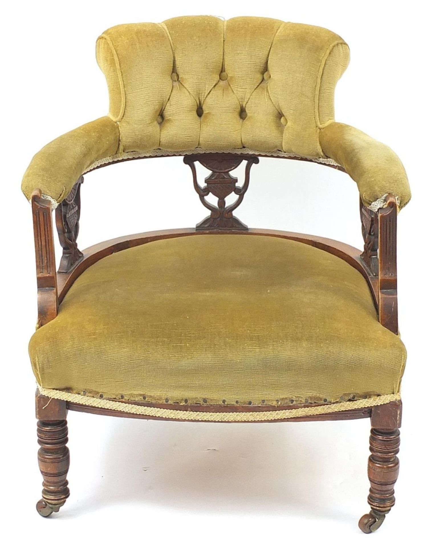 Edwardian carved mahogany bedroom chair with green button back upholstery, 75cm H x 60cm W x 62cm - Image 2 of 4