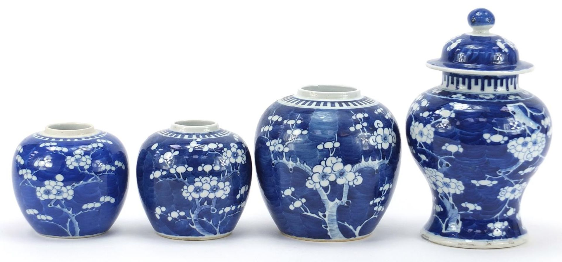 Chinese blue and white porcelain hand painted with prunus flowers, comprising a baluster vase with - Image 3 of 7