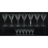 Seven Waterford Crystal wine glasses and set of six Webb & Corbett liqueur glasses, the largest 16.