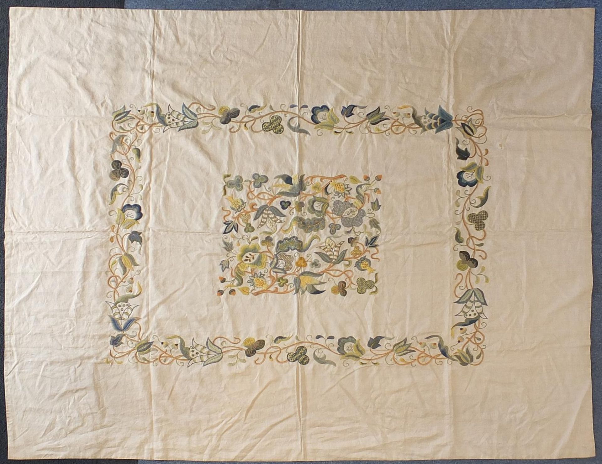 Large Arts & Crafts textile embroidered with flowers, 238cm x 203cm :For Further Condition Reports