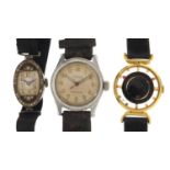 Three wristwatches including a ladies silver cocktail watch and one with military type dial :For