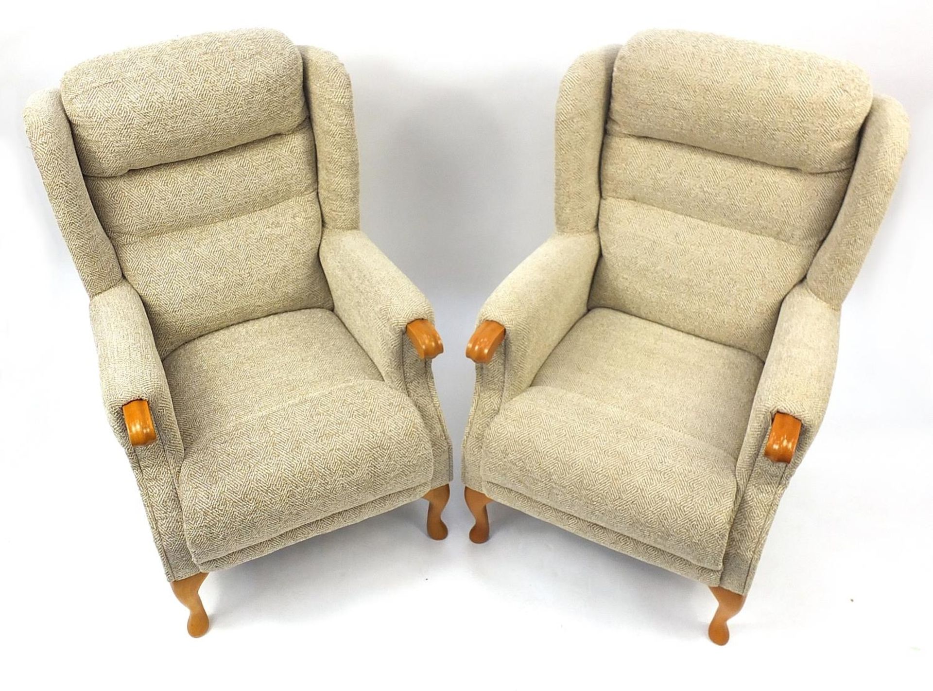Pair of wingback armchairs with beige upholstery, raised of cabriole legs, 110cm high - Image 2 of 3