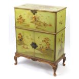Chinese chinoiserie lacquered cocktail cabinet with lift up top enclosing a mirrored back above a