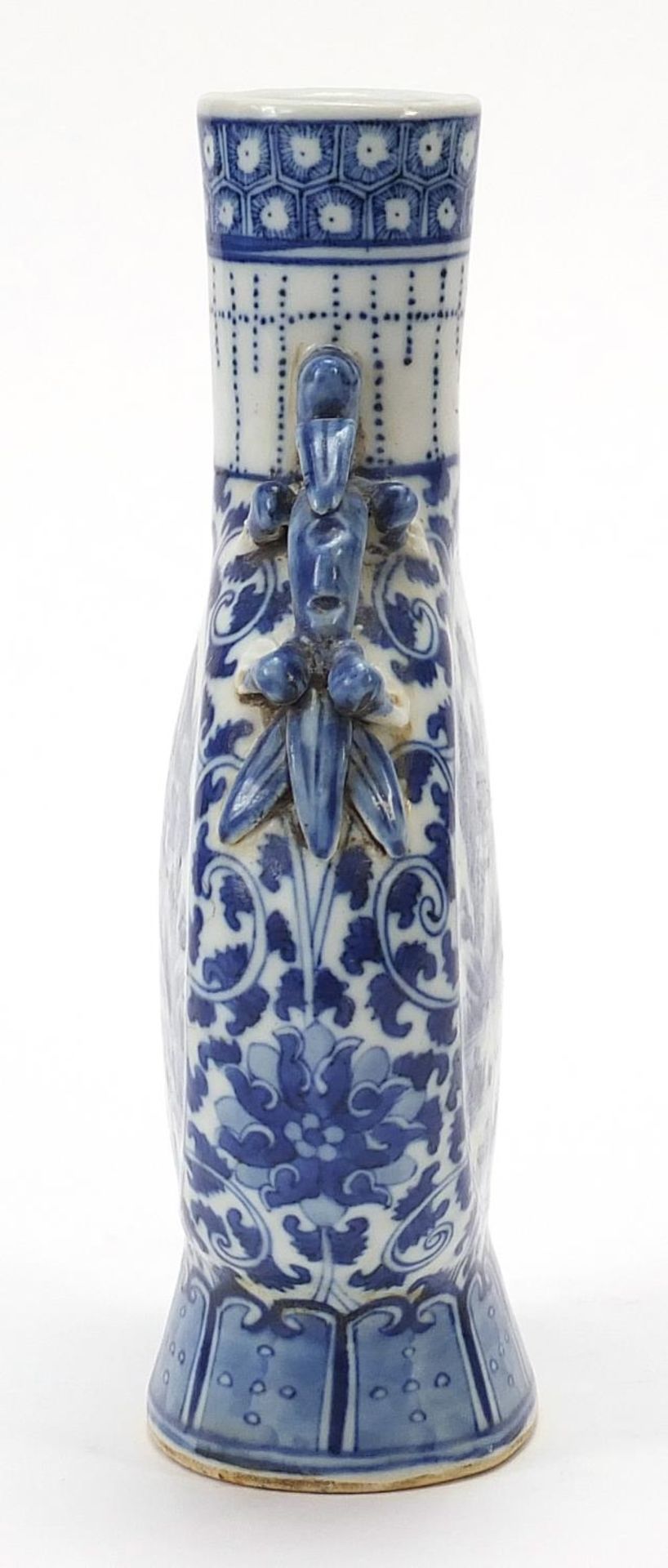 Chinese blue and white porcelain moon flask with animalia handles, finely hand painted with panels - Image 4 of 8
