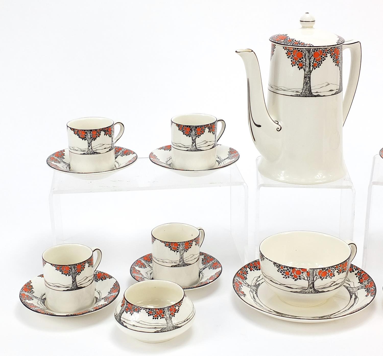 Crown Ducal, Art Deco Tall Trees eight place coffee service and a teacup with saucer, the coffee pot - Image 2 of 5