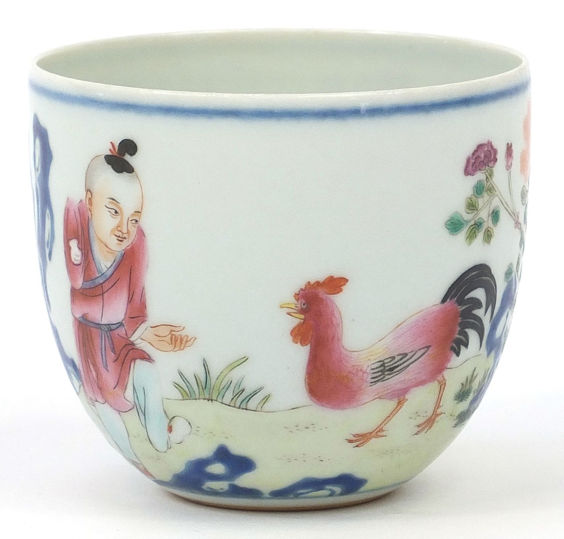 Chinese porcelain chicken cup finely hand painted in the famille rose palette, calligraphy to the