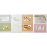 Folio of interior design watercolours, each mounted, the largest 71cm x 55cm excluding the mount :