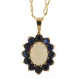 Gold coloured metal opal and sapphire pendant on a 9ct gold necklace, 1.8cm high and 38cm in length,