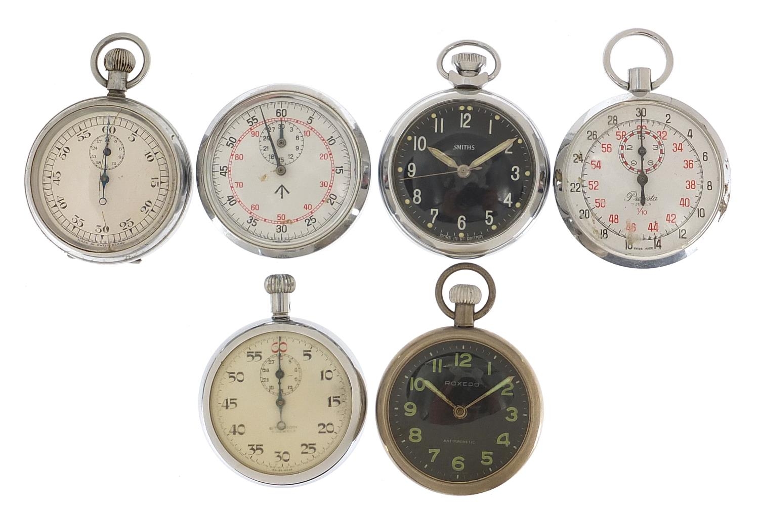 Six vintage and later open face stopwatches and pocket watches including Smith's and Roxedo :For